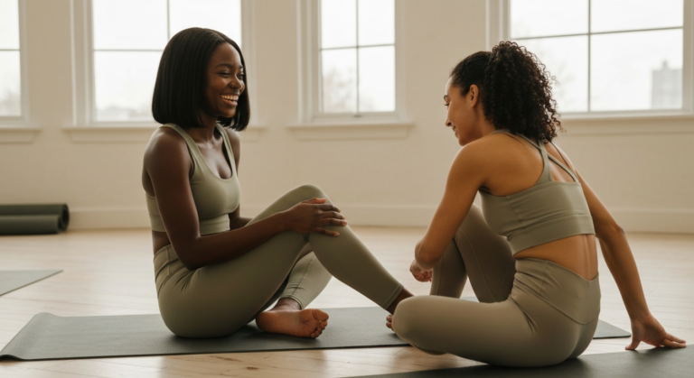 Young Black woman with a sleek bob resting on a yoga mat in a bright studio, laughing with a close friend — adenomyosis and endometriosis