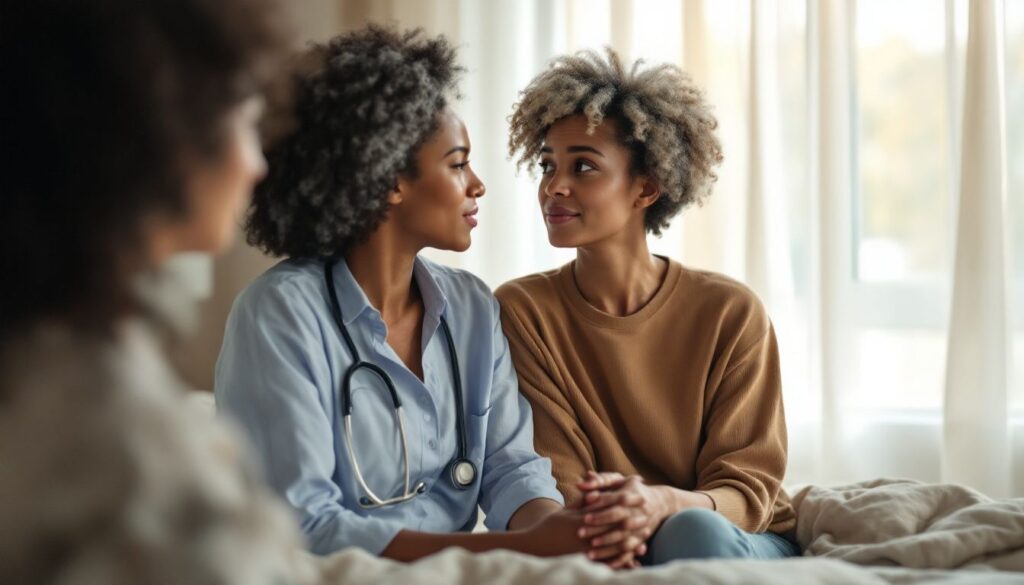 Woman with medium brown skin and salt-and-pepper curls talking with a healthcare professional in a calm, light-filled bedroom about adenomyosis and endometriosis