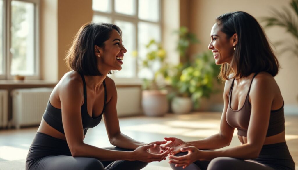 Woman in her late 40s with dark skin and a sleek bob laughing with a friend in a bright pilates studio — perimenopause diet and metabolism