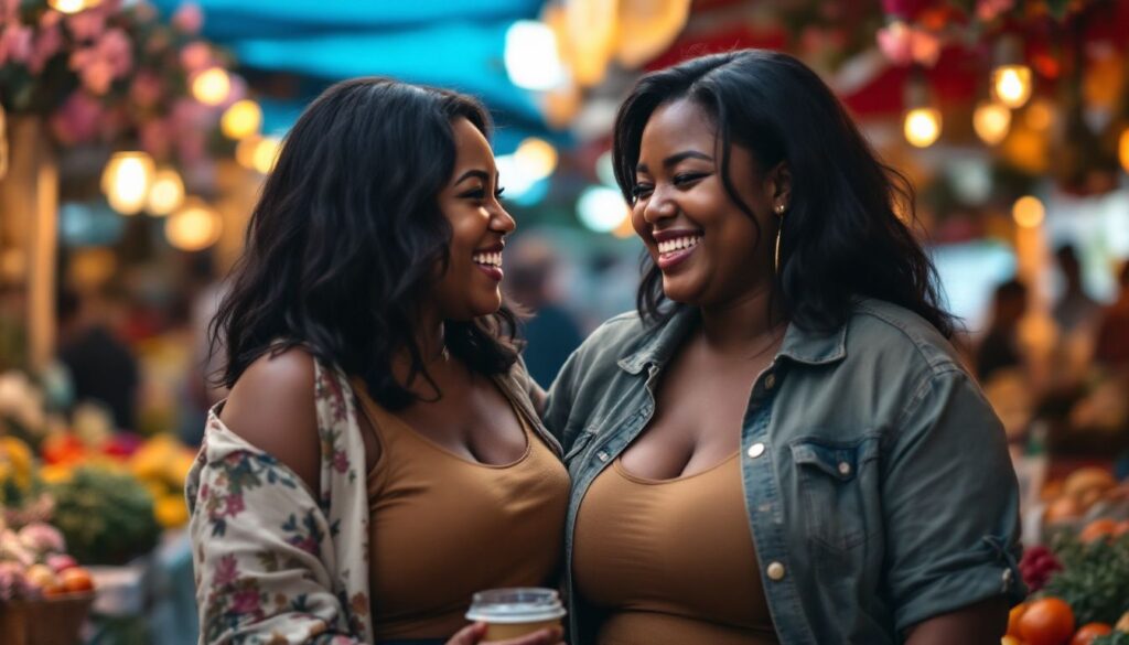 Young plus-size Black woman with dark hair laughing with a friend at a colourful outdoor market — endometriosis and menopause