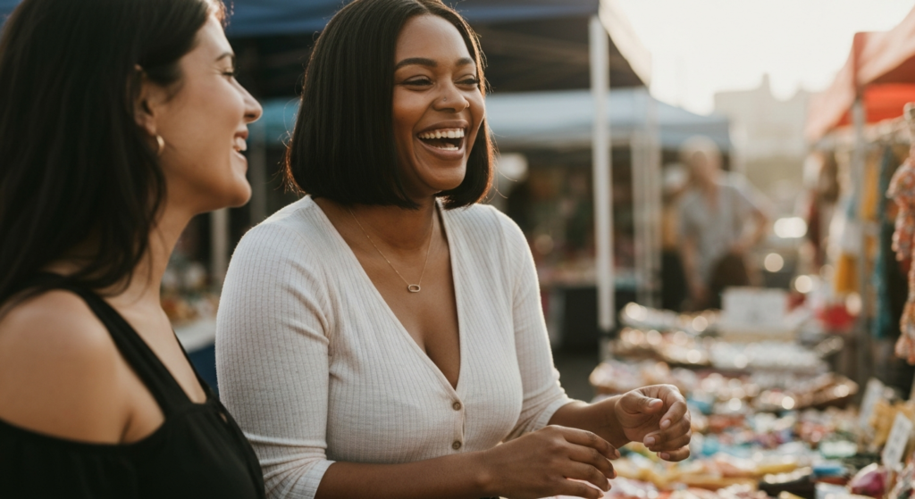 Woman with dark-brown skin and sleek bob browsing an outdoor market with a friend, illustrating life with endometriosis back pain