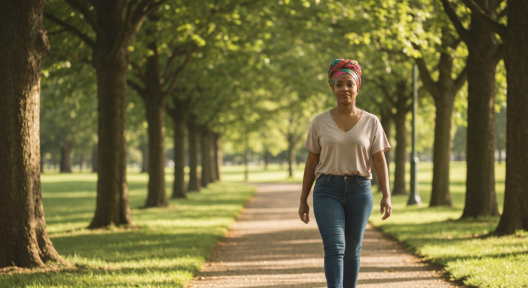 A woman with deep brown skin and a colourful headscarf walks reflectively through a green park — endometriosis bladder symptoms