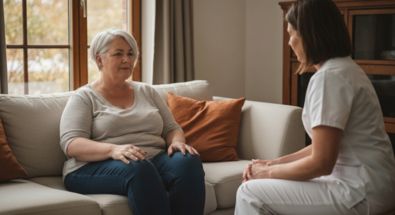 Woman with short silver-grey hair discussing bowel endometriosis with a healthcare professional on a bright sofa at home