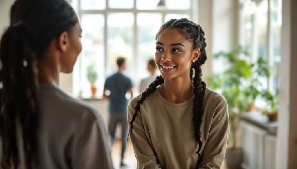 Young woman with long braids talking with a healthcare professional at a community exercise class — endometriosis brain fog