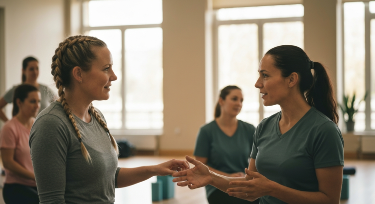 Woman with long braids at a community exercise class sharing an encouraging moment with a healthcare professional — endometriosis and depression