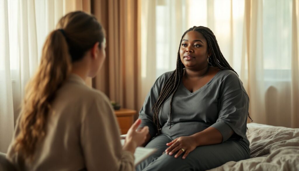Woman with long braids and medium brown skin sitting in a calm bedroom, speaking with a healthcare professional about endometriosis diagnosis