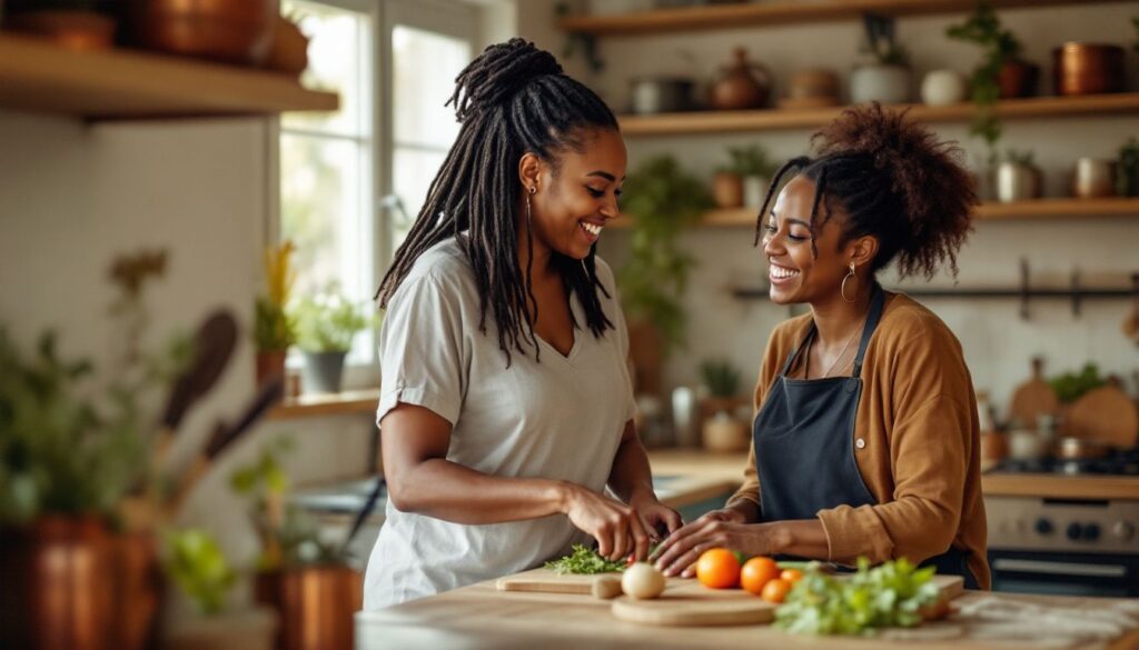 Woman with locs cooking in a warm kitchen with a close friend, representing the endometriosis diagnosis journey and finding support
