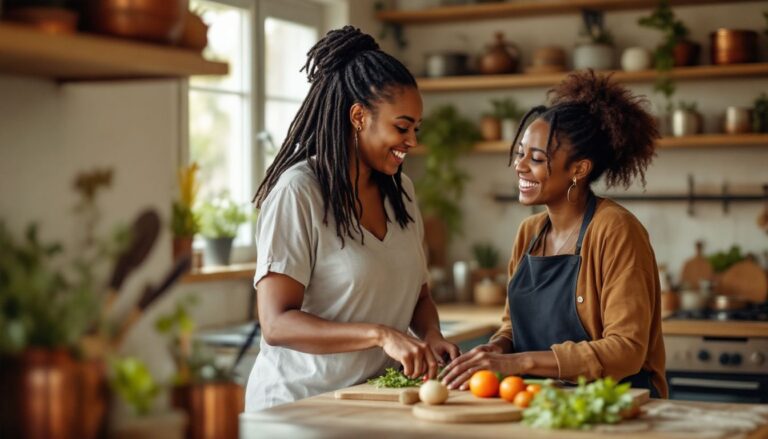 Woman with locs cooking in a warm kitchen with a close friend, representing the endometriosis diagnosis journey and finding support
