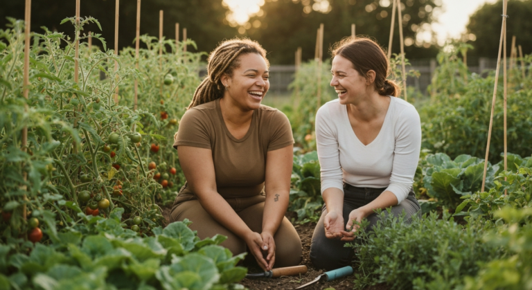 Young woman with locs and light brown skin gardening in sunshine with a friend, illustrating endometriosis diet and anti-inflammatory lifestyle