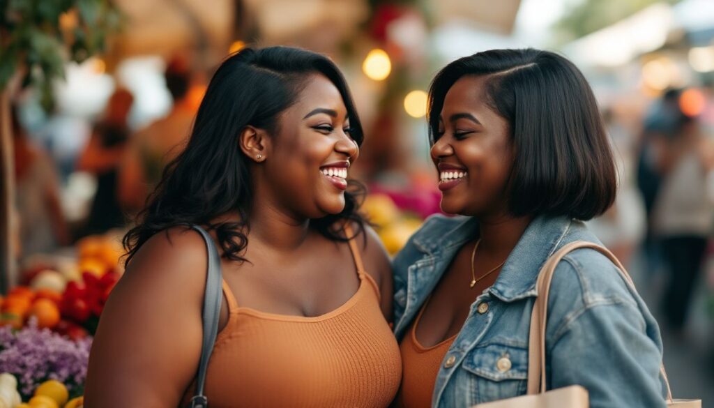 Young Black woman with a sleek bob laughing with a close friend at a colourful outdoor market — endometriosis and bowel pain awareness