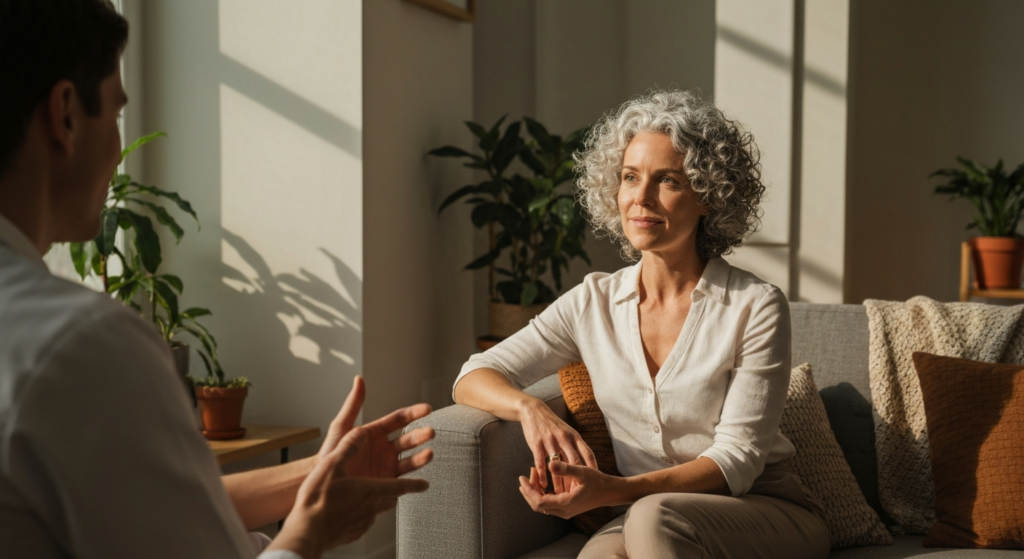 A young woman with salt-and-pepper curls talks with a healthcare professional on a bright sofa, representing endometrioma and endometriosis care.