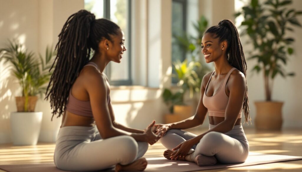 Young Black woman with locs resting in a bright yoga studio with a close friend, representing recovery after endometriosis excision surgery