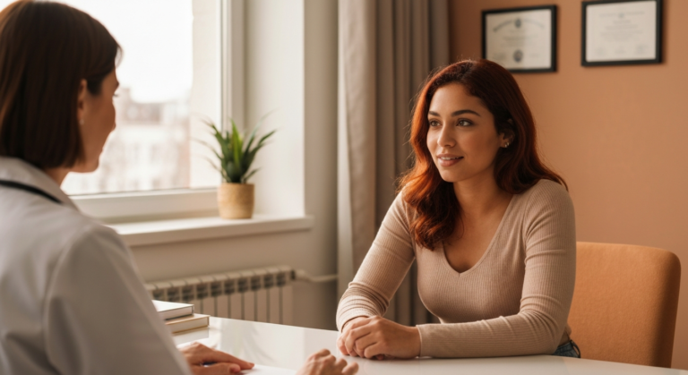 Young woman with auburn hair and olive skin sitting with her doctor in a bright clinic, discussing exercise with endometriosis