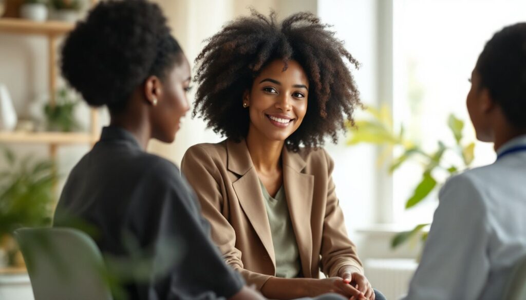 Young woman with natural afro hair and olive skin speaking with a doctor in a bright clinic — endometriosis fatigue