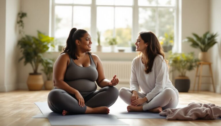 A young dark-skinned plus-size woman sits on a yoga mat in a bright studio, sharing a warm conversation with a close friend.