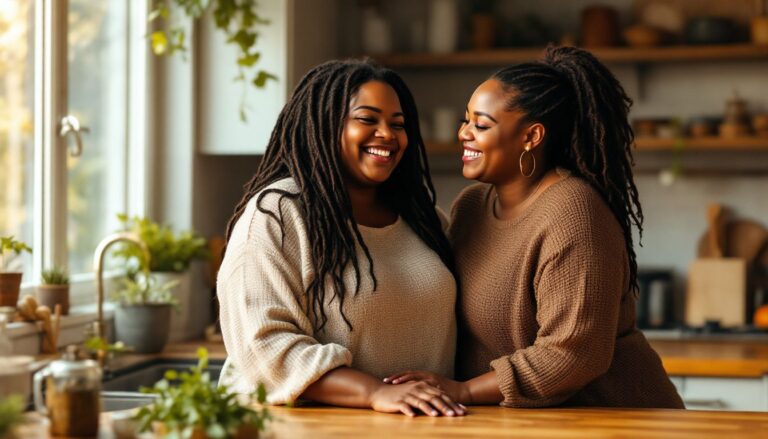 A woman with locs and light brown skin laughing with a close friend in a warm kitchen — endometriosis and fertility.