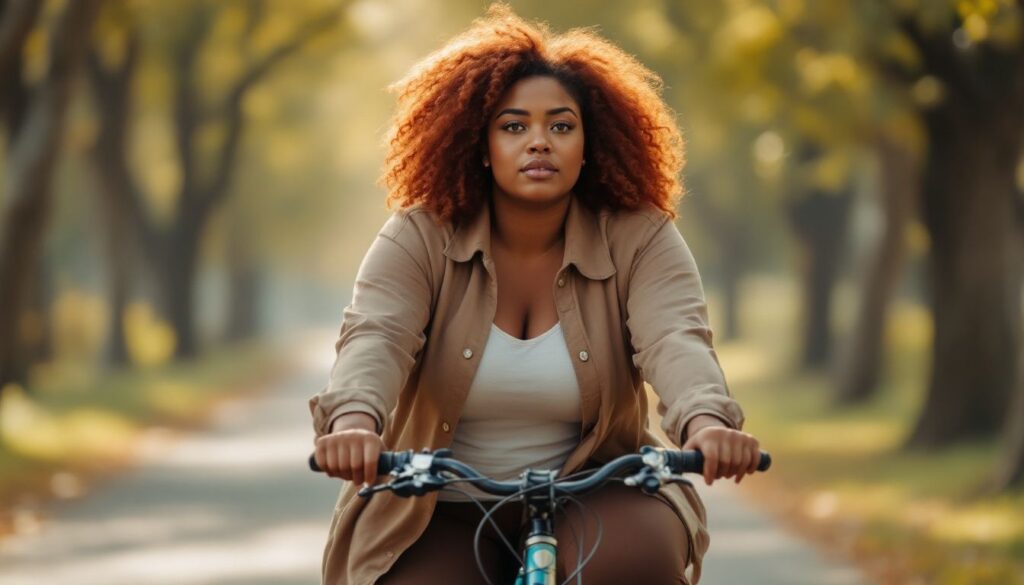 A young plus-size Black woman with auburn hair cycling on a tree-lined path, looking reflective and self-possessed — endometriosis fertility grief