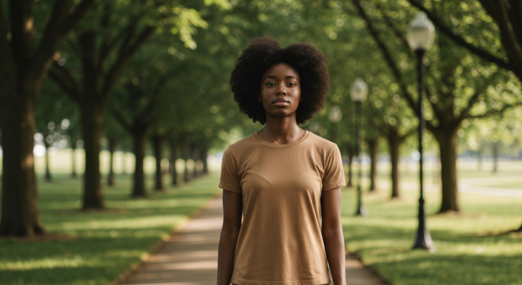 Young Black woman with natural afro hair walking alone in a green park, quietly reflective — endometriosis flare-up coping