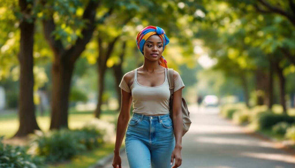 Young Black woman in a colourful headscarf walking reflectively through a green park — endometriosis heavy periods