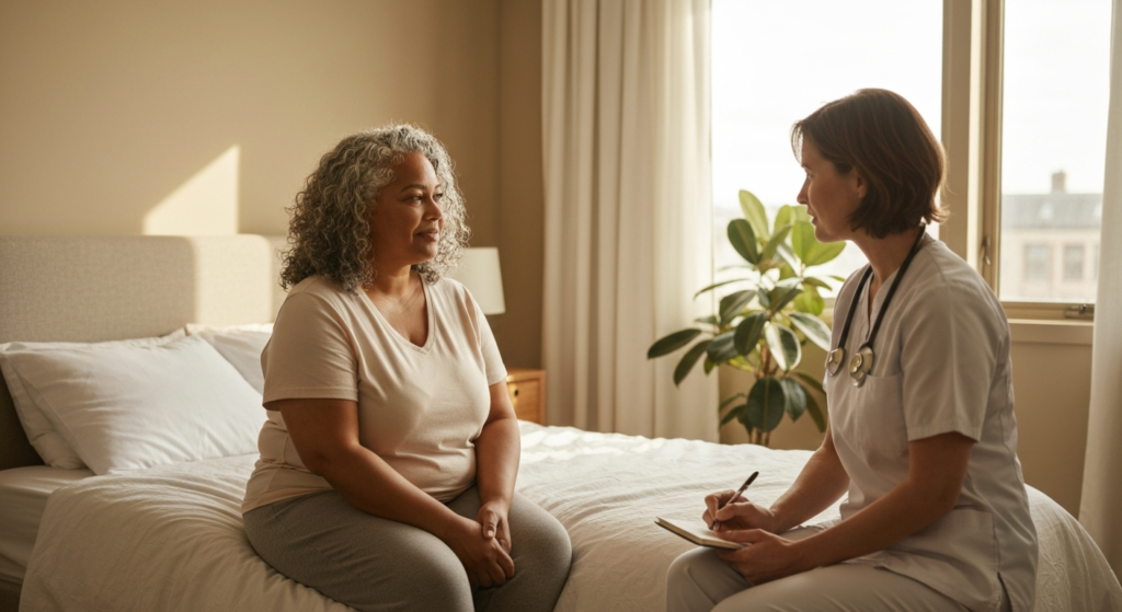 A plus-size woman with medium brown skin and salt-and-pepper curls speaks with a healthcare professional in a calm, light-filled bedroom — endometriosis hormonal treatment discussion