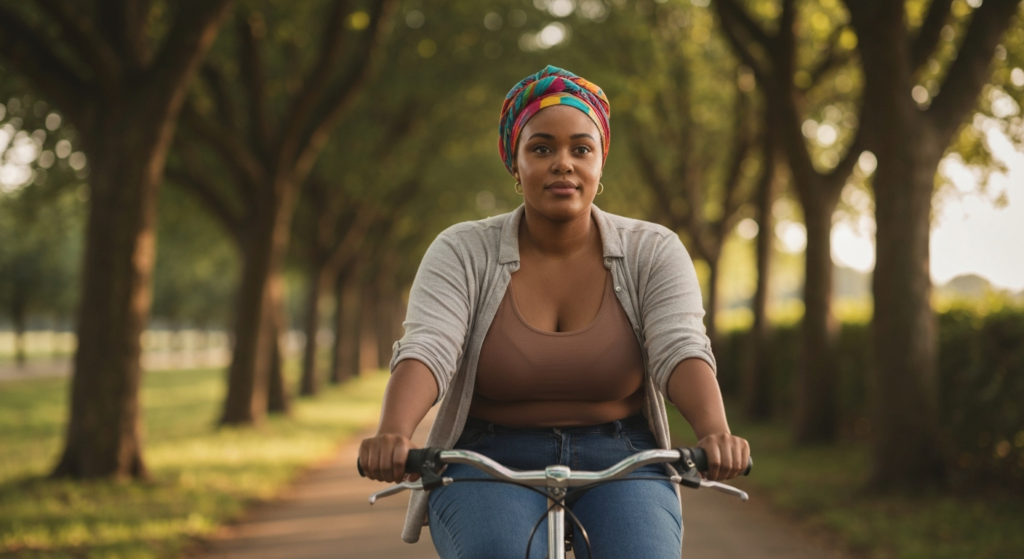 Young Black woman in a colourful headscarf cycling along a tree-lined path, reflective and self-possessed — endometriosis and IVF