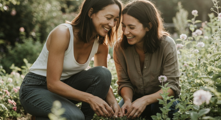 Woman with light brown skin and dark hair gardening in the sun with a close friend, warm and candid — endometriosis and migraines