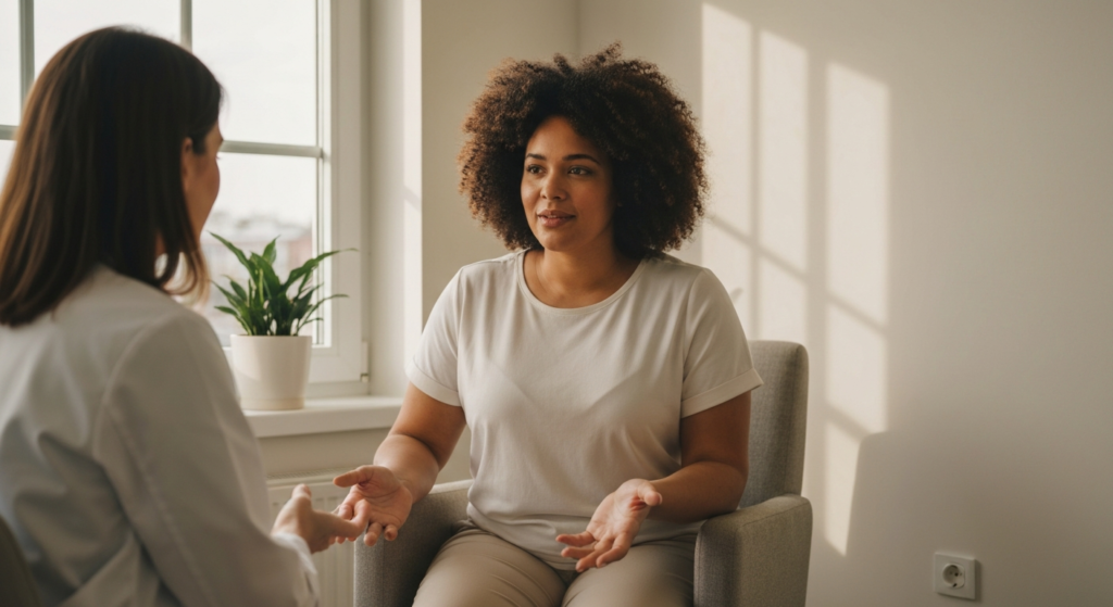 Woman with olive skin and natural afro hair speaking with a doctor in a bright clinic room about endometriosis nausea symptoms.