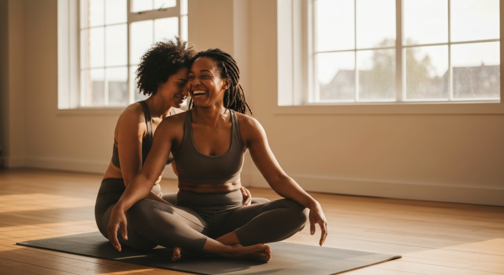 Woman with dark-brown skin and locs sitting with a close friend in a bright Pilates studio, looking calm and connected — endometriosis pain relief