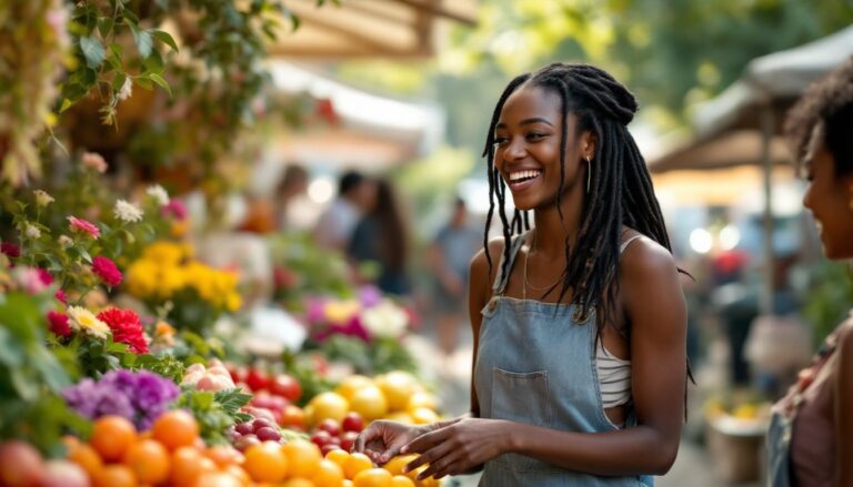 Young woman with dark-brown skin and locs laughing with a close friend at a colourful outdoor market — endometriosis painful pelvic exam