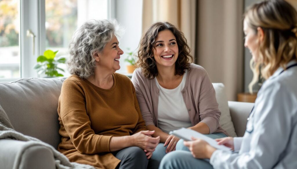 Woman with salt-and-pepper curls relaxing on a sofa in a bright living room, talking with a healthcare professional about endometriosis and painful sex.