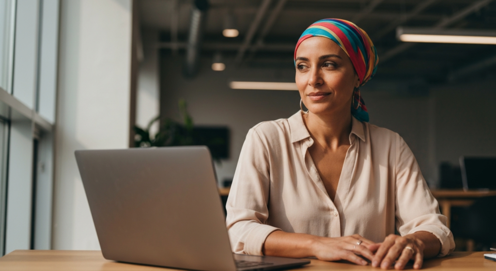 Woman with olive skin and colourful headscarf at her office desk, looking reflective — endometriosis pelvic floor health