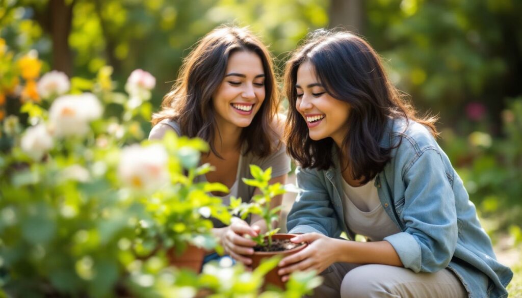 Young woman with light brown skin gardening in the sun with a close friend, looking relaxed — illustrating support for endometriosis PMDD