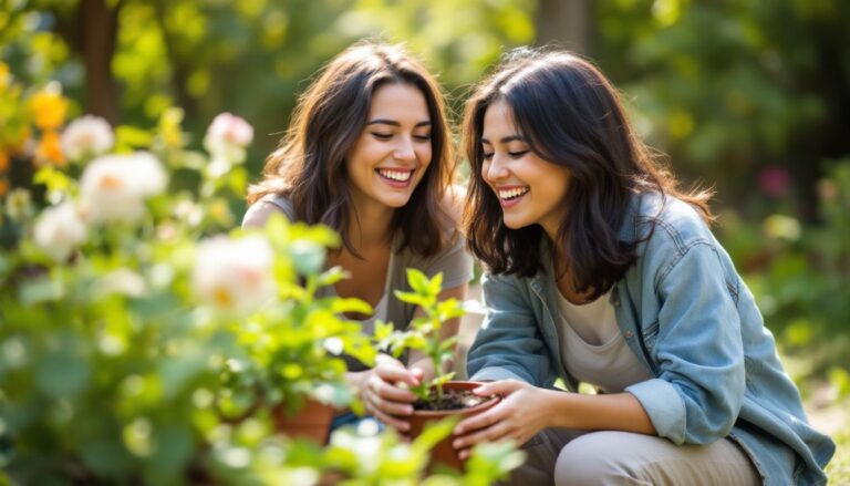 Young woman with light brown skin gardening in the sun with a close friend, looking relaxed — illustrating support for endometriosis PMDD