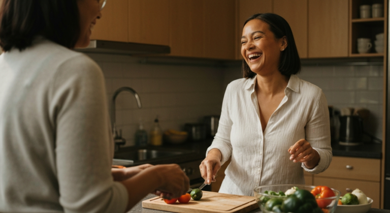 Woman with light brown skin and a sleek bob cooking with a close friend in a warm kitchen — endometriosis recurrence