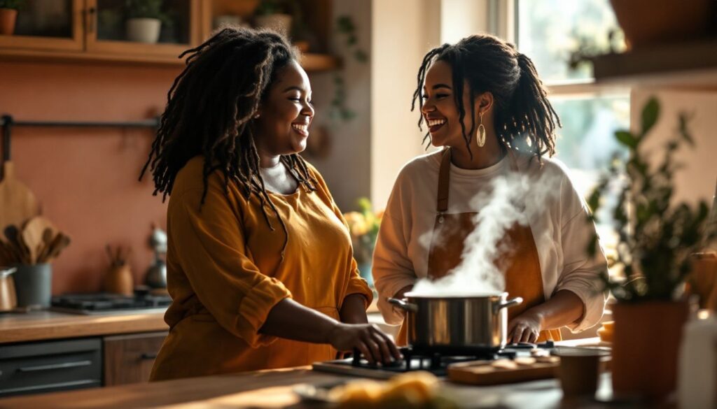 A young woman with locs laughing with her close friend while cooking together in a warm kitchen — endometriosis and relationship support