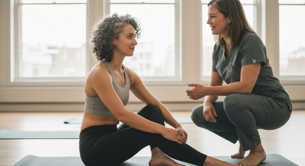 Young woman with salt-and-pepper curls at an exercise class talking with a healthcare professional about endometriosis and relationships