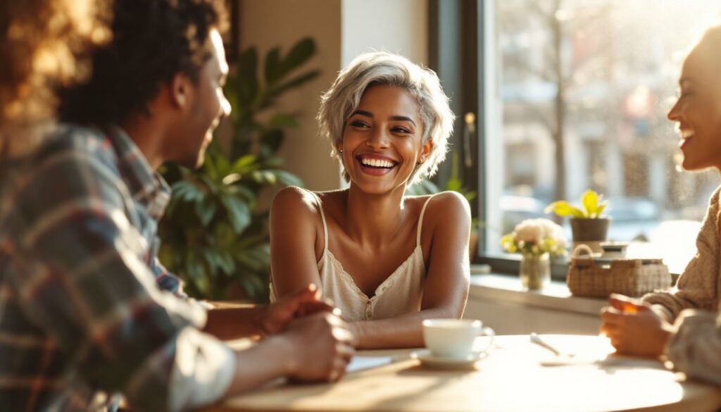 Young woman with medium brown skin and short silver-grey hair laughing with friends at a café — endometriosis sciatic pain