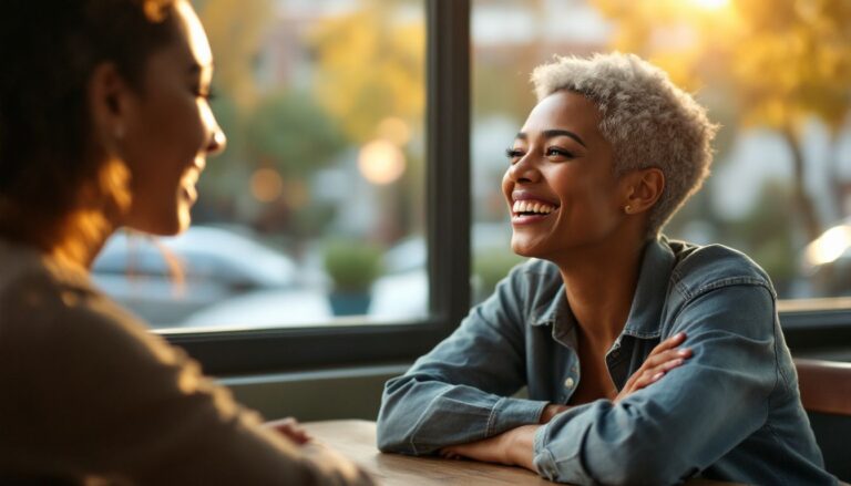 Woman with medium brown skin and short silver-grey hair laughing with a friend at a cafe — thoracic endometriosis shoulder pain