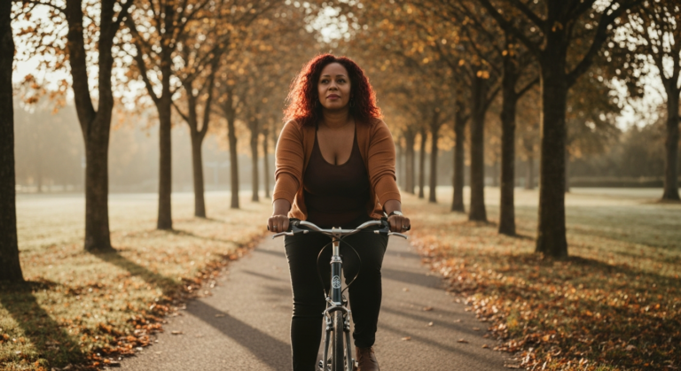 Woman with deep brown skin and auburn hair cycling alone on a tree-lined path — endometriosis and work, self-advocacy