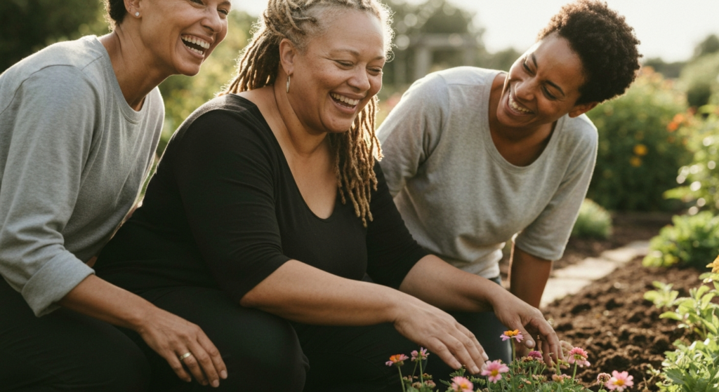 Woman with light brown skin and locs gardening in the sun with a close friend, looking warm and grounded — extreme PMS perimenopause