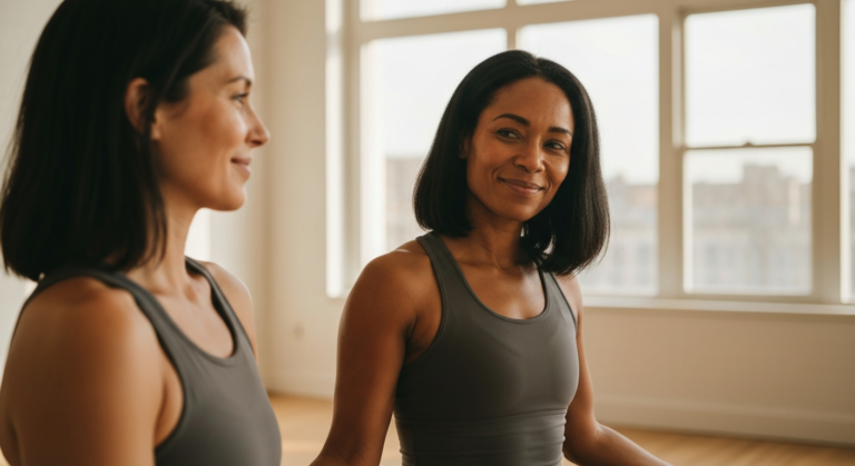 Woman with dark-brown skin in a bright yoga studio sharing a calm moment with a friend — high cortisol at night menopause
