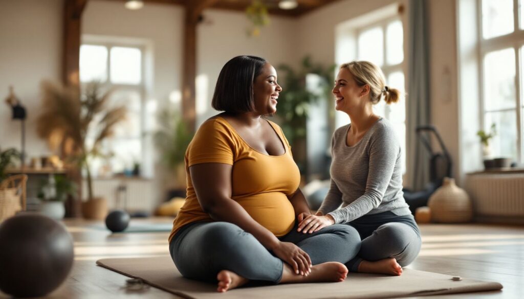 A plus-size woman with dark-brown skin and a sleek bob laughs with a close friend in a bright, sunlit pilates studio — menopause hot flashes at work topic.