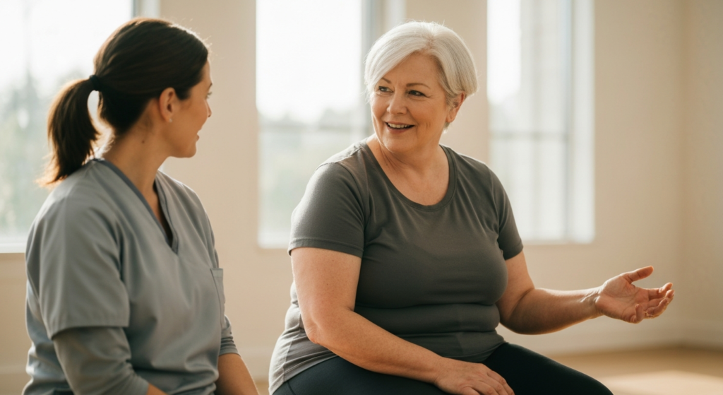 A curvy, silver-haired woman in her early 50s talking warmly with a healthcare professional at a community exercise class — menopause and libido support.