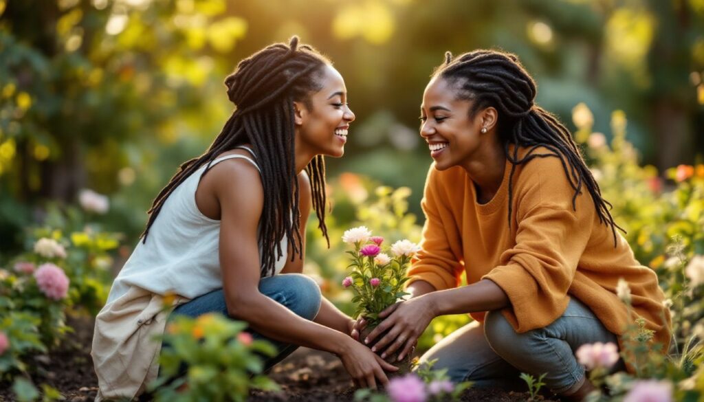 A woman with light brown skin and locs gardening in sunlight with a close friend, looking relaxed and energised — perimenopause sleep recovery