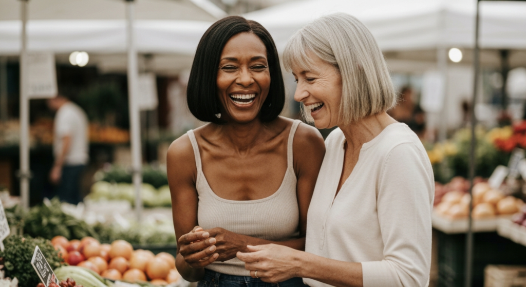 A woman in her late 50s with dark-brown skin and a sleek bob laughing with a close friend at a colourful outdoor market — intimacy after menopause