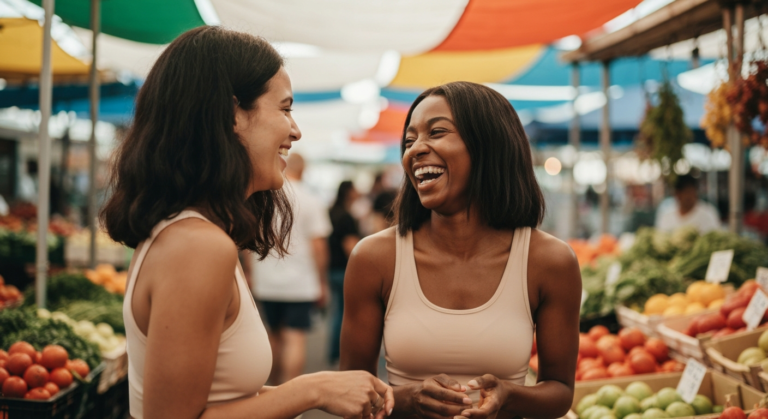 Woman with dark-brown skin and athletic build browsing a colourful outdoor market with a close friend, warm sunlit scene related to lean PCOS