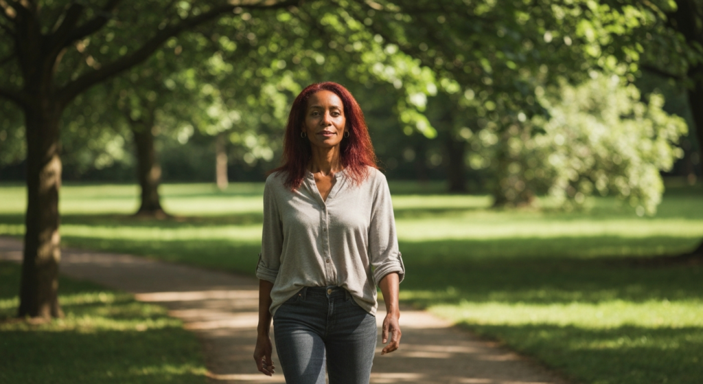 A woman with deep brown skin and auburn hair walking alone in a green park, looking calm and reflective — menopause abdominal pain