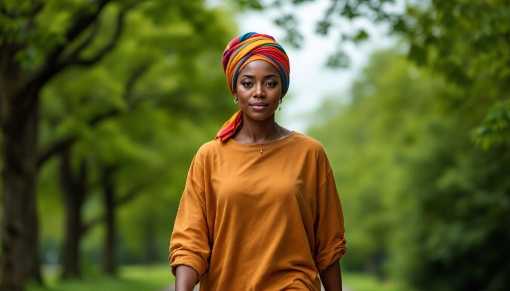 A self-possessed woman in her mid-50s with deep brown skin and a colourful headscarf walking in a green park — menopause acne article