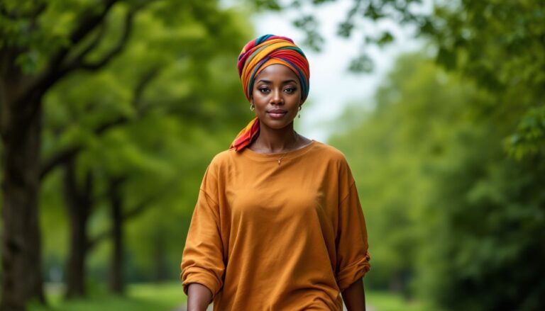 A self-possessed woman in her mid-50s with deep brown skin and a colourful headscarf walking in a green park — menopause acne article