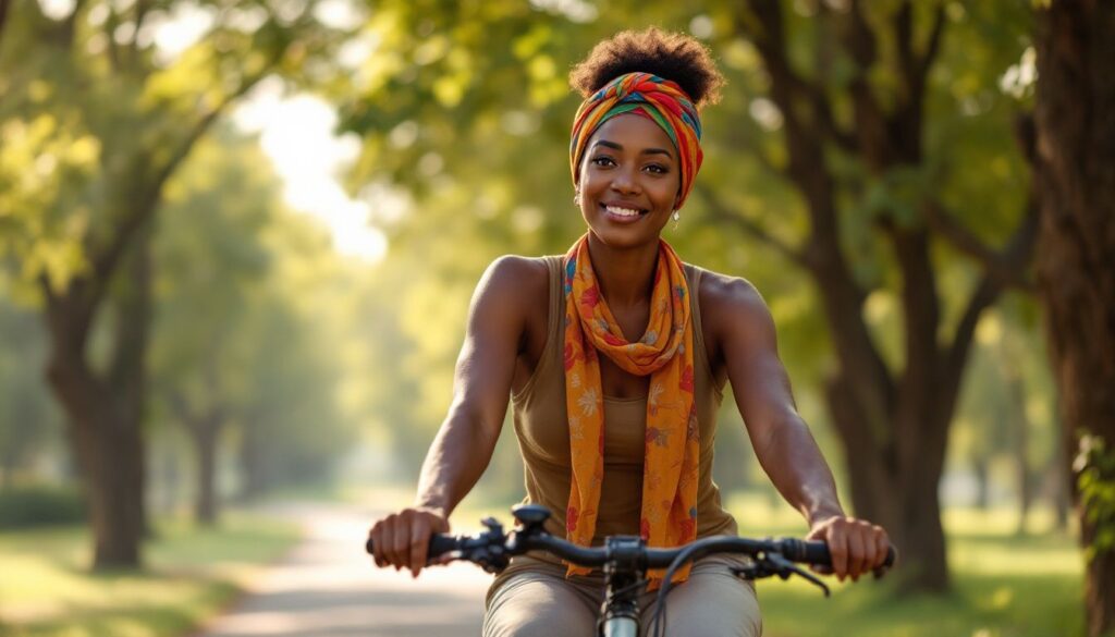 A woman in her 50s with deep brown skin and a colourful headscarf cycling along a tree-lined path — menopause anxiety